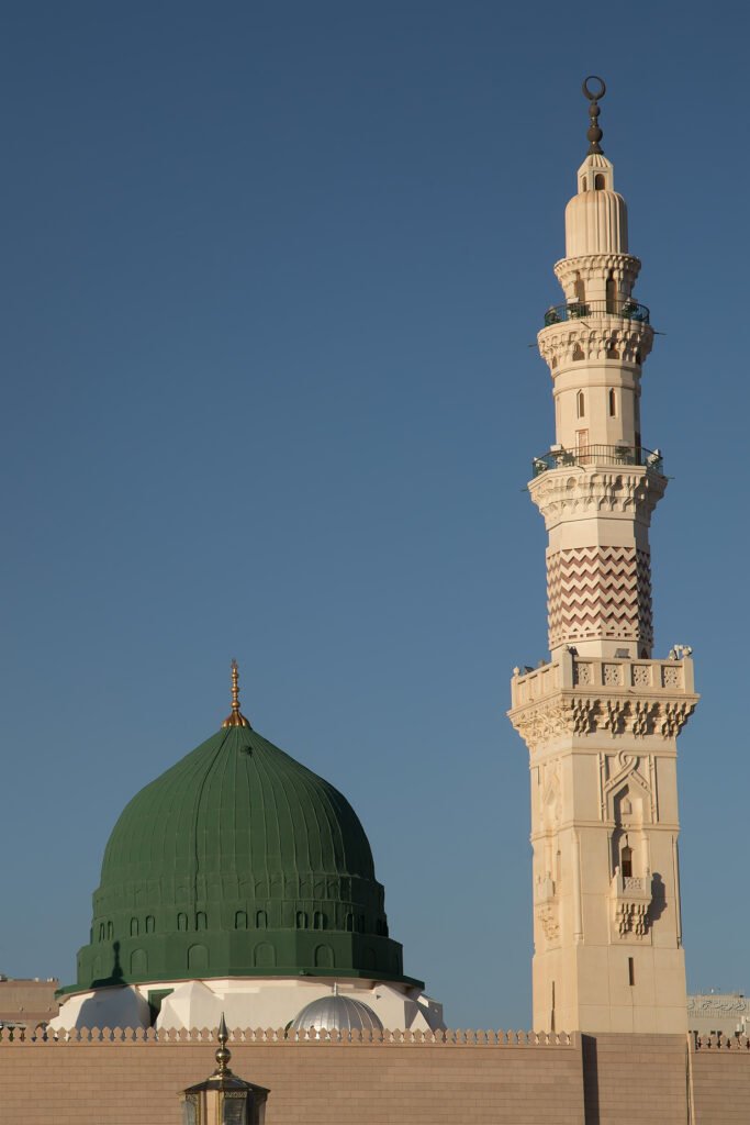 The Green Dome and minaret of Al-Masjid an-Nabawi in Madinah