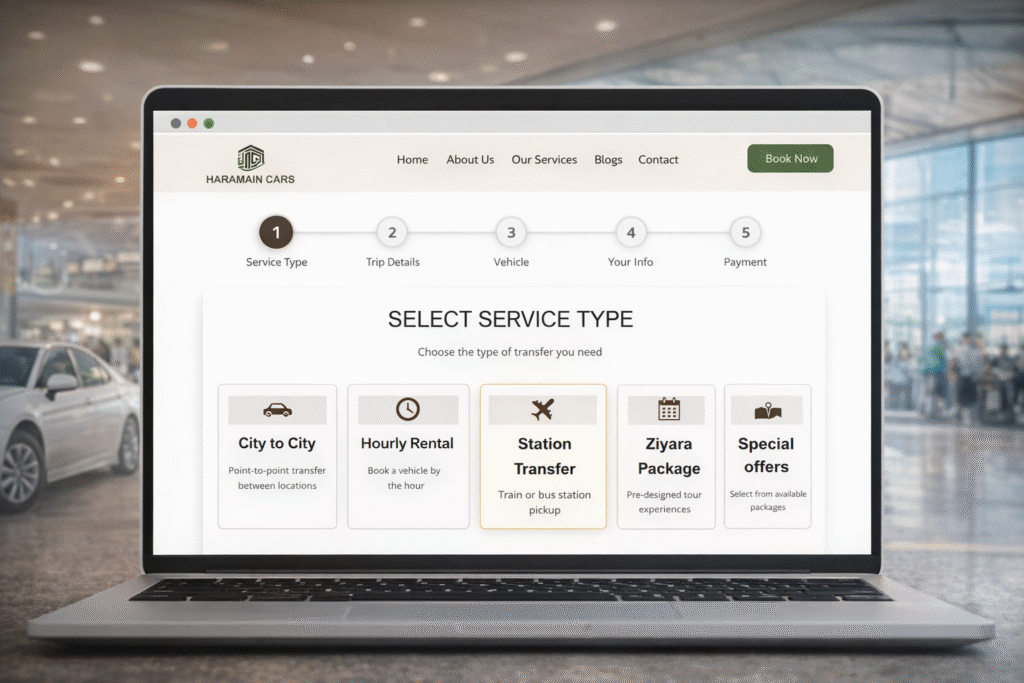 Laptop showing booking a haramain train station taxi