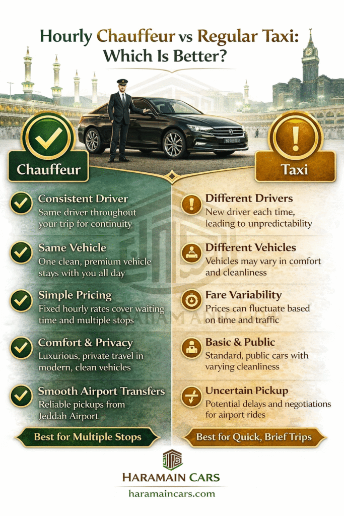 Infographic discussing the benefits of Haramain Chauffeur vs Taxi to Makkah